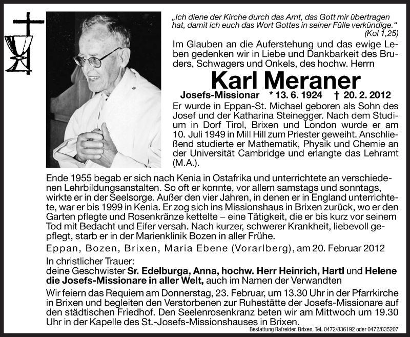  Traueranzeige für Karl Meraner vom 21.02.2012 aus Dolomiten