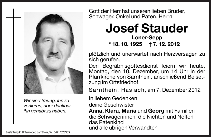  Traueranzeige für Josef Stauder vom 10.12.2012 aus Dolomiten