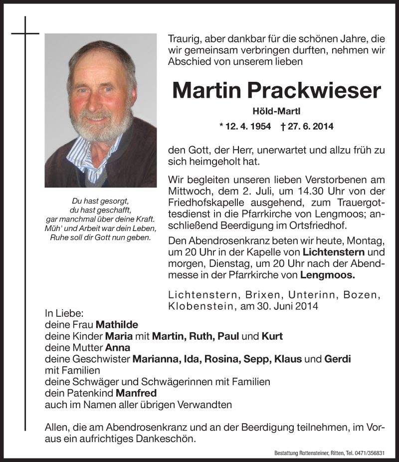  Traueranzeige für Martin Prackwieser vom 30.06.2014 aus Dolomiten