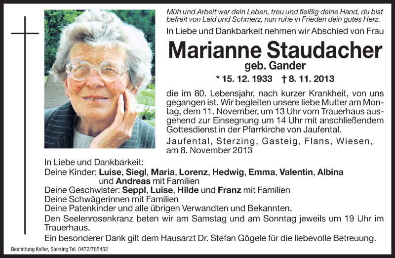  Traueranzeige für Marianne Stadacher vom 09.11.2013 aus Dolomiten