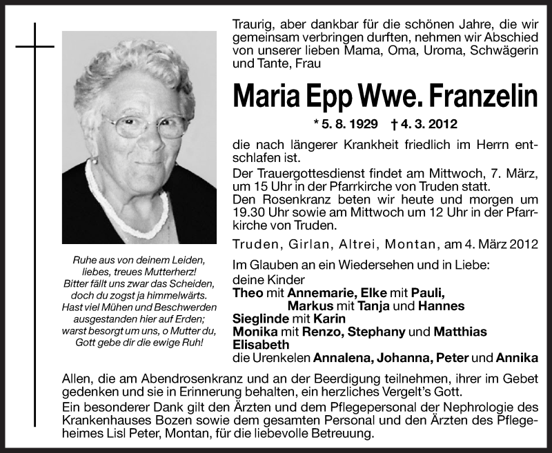  Traueranzeige für Maria Epp vom 05.03.2012 aus Dolomiten