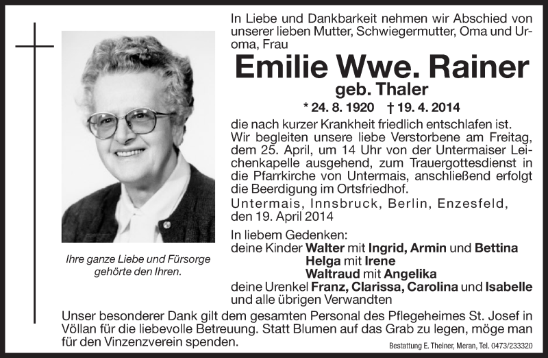  Traueranzeige für Emilie Rainer vom 22.04.2014 aus Dolomiten