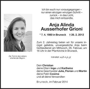 Traueranzeige von Anja Grioni von Dolomiten