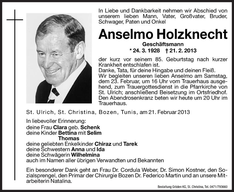  Traueranzeige für Anselmo Holzknecht vom 22.02.2013 aus Dolomiten