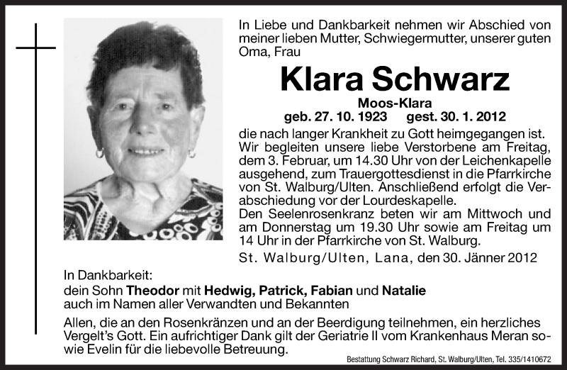  Traueranzeige für Klara Schwarz vom 01.02.2012 aus Dolomiten