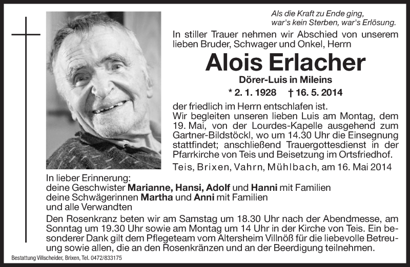  Traueranzeige für Alois Erlacher vom 17.05.2014 aus Dolomiten