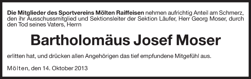  Traueranzeige für Bartholomäus Josef Moser vom 15.10.2013 aus Dolomiten