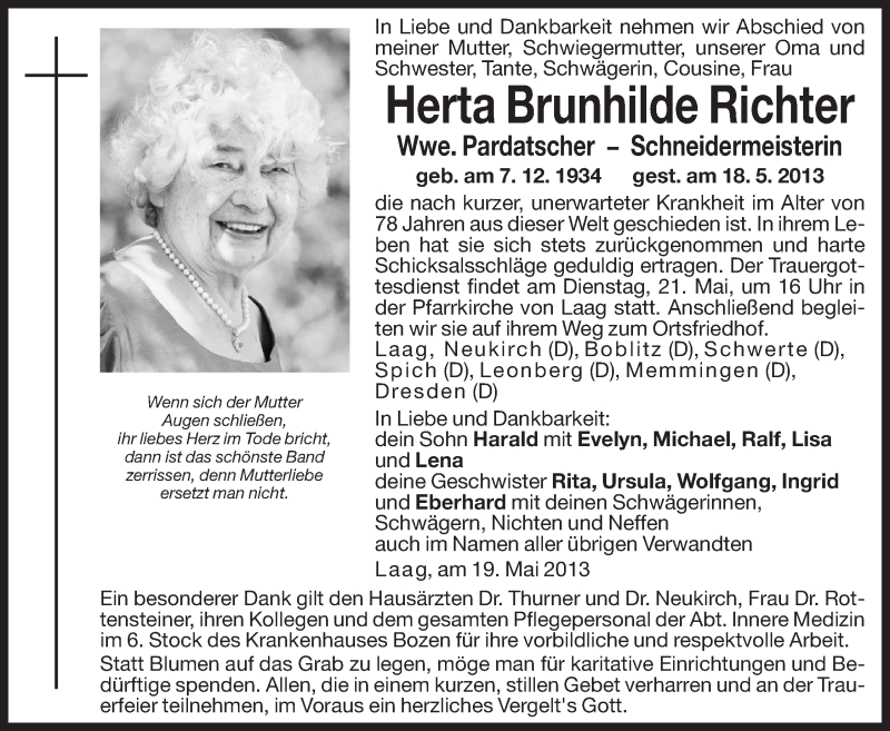  Traueranzeige für Herta Brunhilde Pardatscher vom 21.05.2013 aus Dolomiten