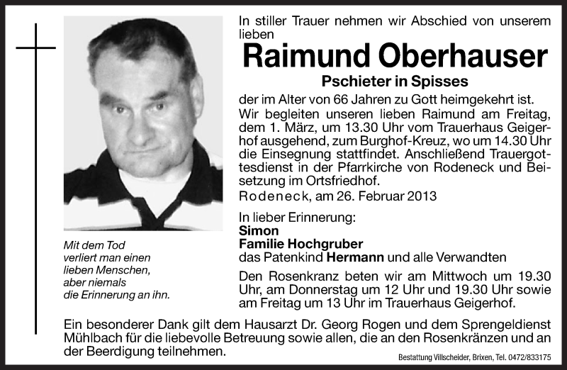  Traueranzeige für Raimund Oberhauser vom 27.02.2013 aus Dolomiten