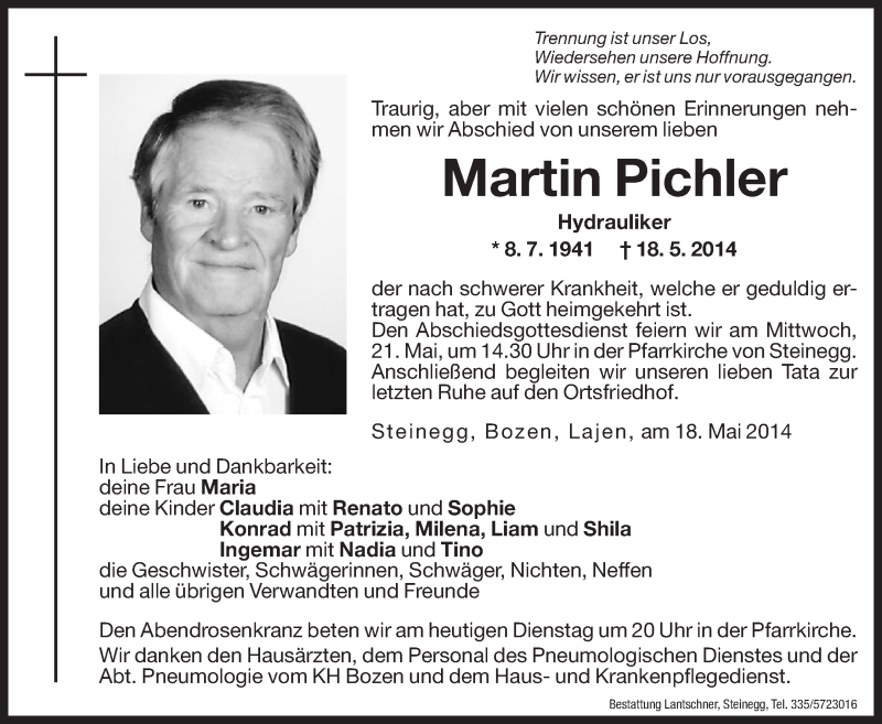  Traueranzeige für Martin Pichler vom 20.05.2014 aus Dolomiten