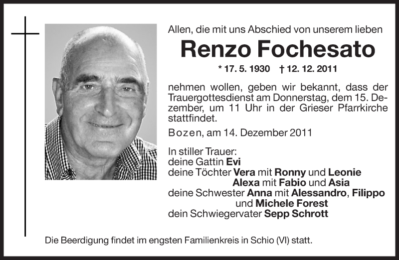  Traueranzeige für Renzo Fochesato vom 14.12.2011 aus Dolomiten