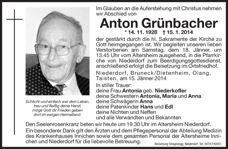  Traueranzeige für Anton Grünbacher vom 17.01.2014 aus Dolomiten