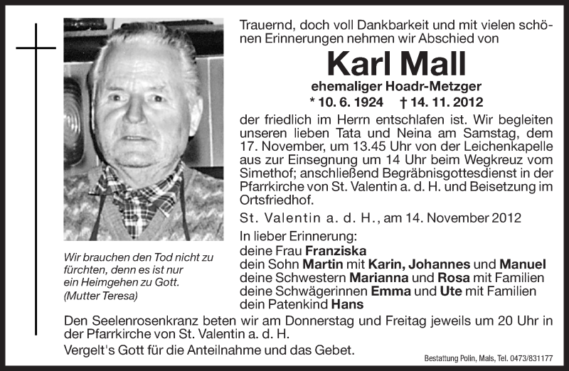  Traueranzeige für Karl Mall vom 15.11.2012 aus Dolomiten