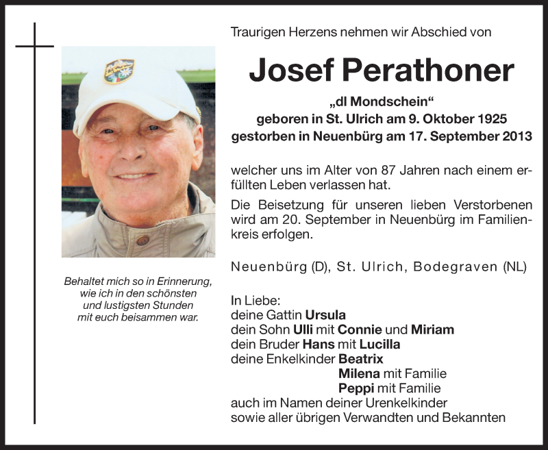  Traueranzeige für Josef Perathoner vom 19.09.2013 aus Dolomiten