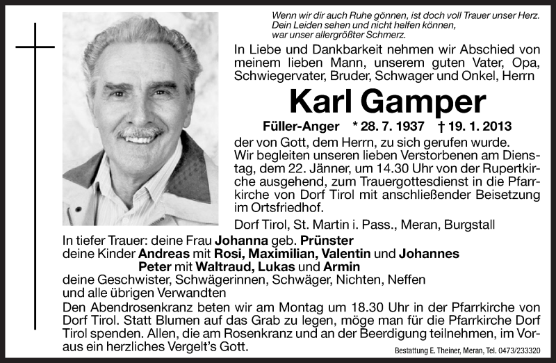  Traueranzeige für Karl Gamper vom 21.01.2013 aus Dolomiten