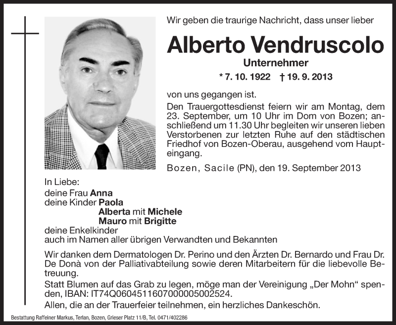  Traueranzeige für Alberto Vendruscolo vom 21.09.2013 aus Dolomiten