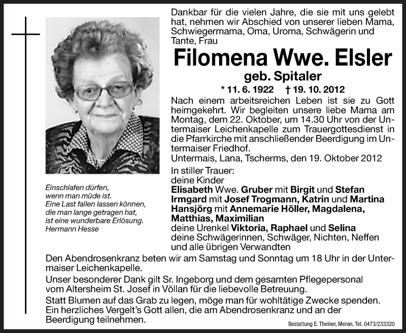  Traueranzeige für Filomena Elsler vom 20.10.2012 aus Dolomiten