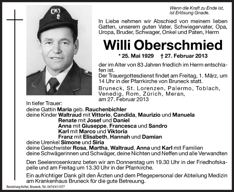  Traueranzeige für Willi Oberschmied vom 28.02.2013 aus Dolomiten