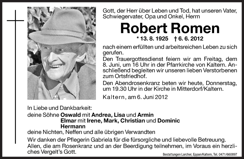  Traueranzeige für Robert Romen vom 07.06.2012 aus Dolomiten