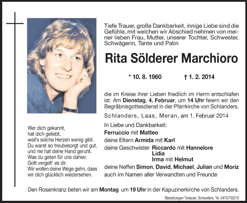  Traueranzeige für Rita Sölderer Marchioro vom 03.02.2014 aus Dolomiten