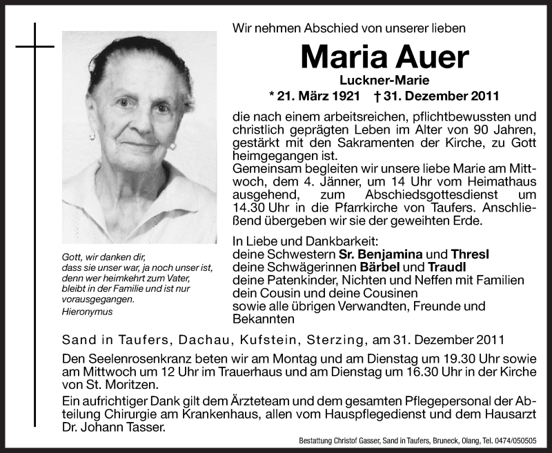  Traueranzeige für Maria Auer vom 02.01.2012 aus Dolomiten