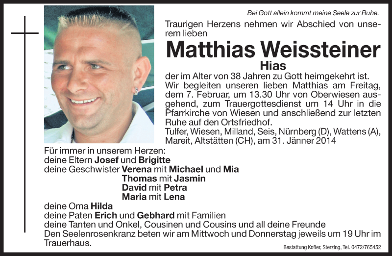  Traueranzeige für Matthias Weissteiner vom 05.02.2014 aus Dolomiten