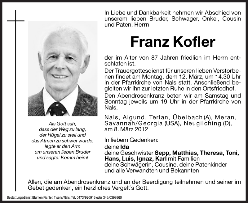  Traueranzeige für Franz Kofler vom 09.03.2012 aus Dolomiten