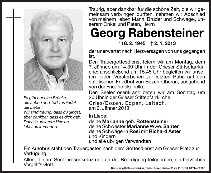  Traueranzeige für Georg Rabensteiner vom 04.01.2013 aus Dolomiten