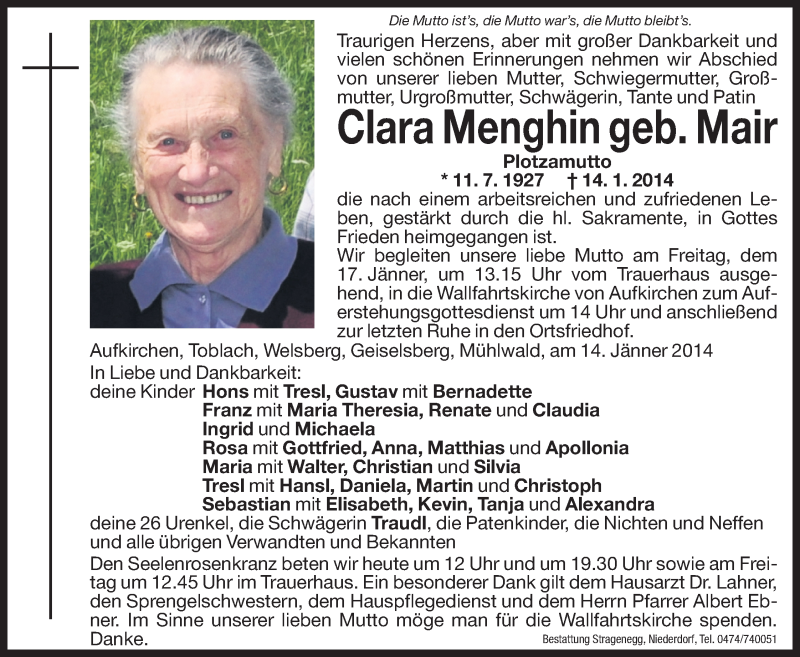  Traueranzeige für Clara Menghin vom 16.01.2014 aus Dolomiten