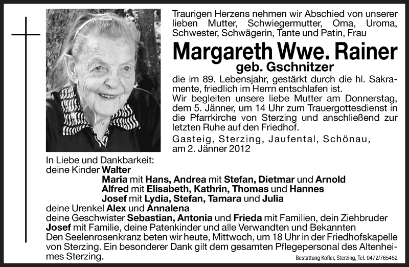  Traueranzeige für Margareth Rainer vom 04.01.2012 aus Dolomiten