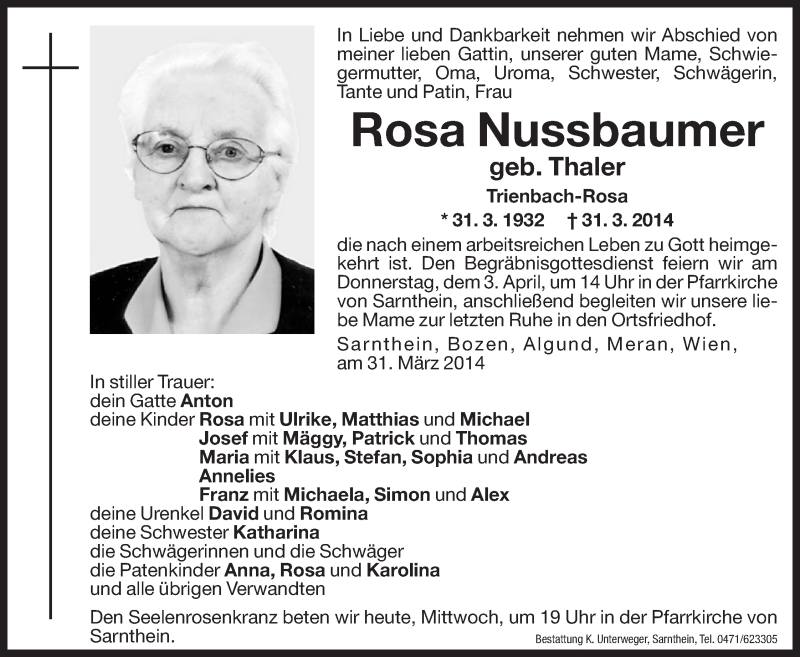  Traueranzeige für Rosa Nussbaumer vom 02.04.2014 aus Dolomiten