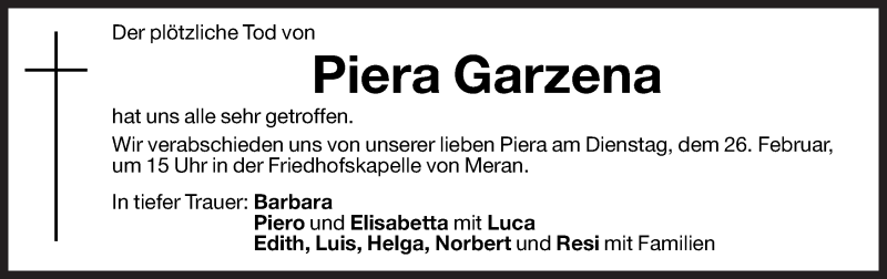  Traueranzeige für Piera Garzena vom 25.02.2013 aus Dolomiten