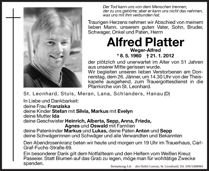  Traueranzeige für Alfred Platter vom 24.01.2012 aus Dolomiten