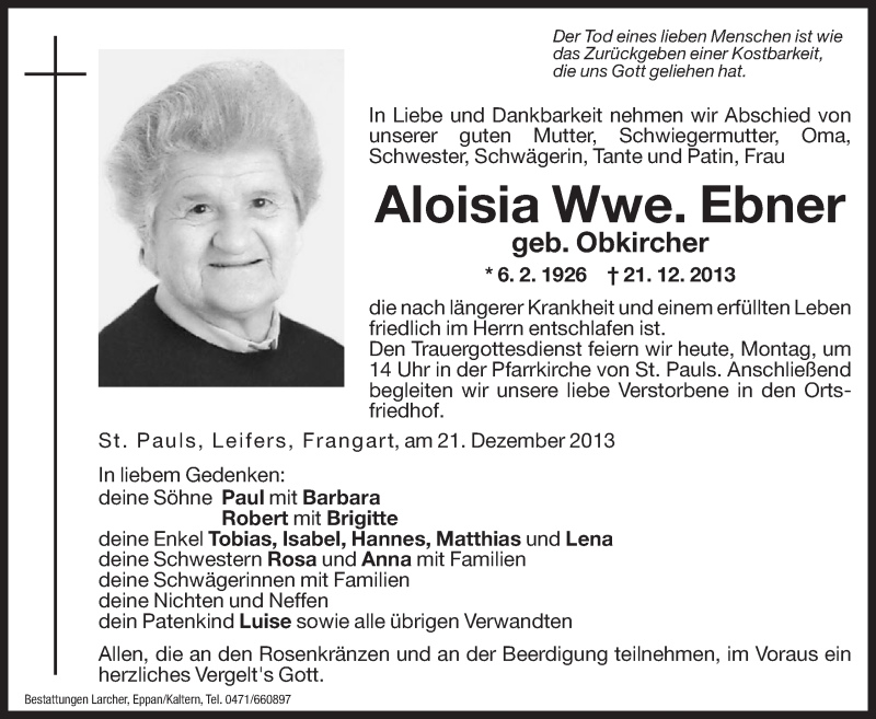  Traueranzeige für Aloisia Ebner vom 23.12.2013 aus Dolomiten