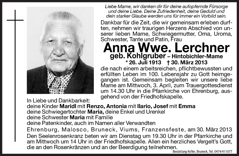  Traueranzeige für Anna Lerchner vom 02.04.2013 aus Dolomiten