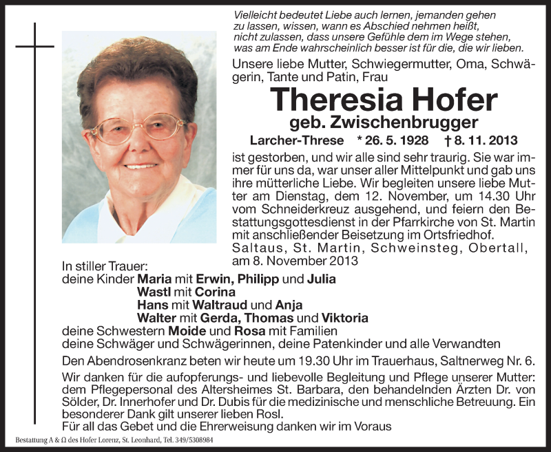  Traueranzeige für Theresia Hofer vom 11.11.2013 aus Dolomiten