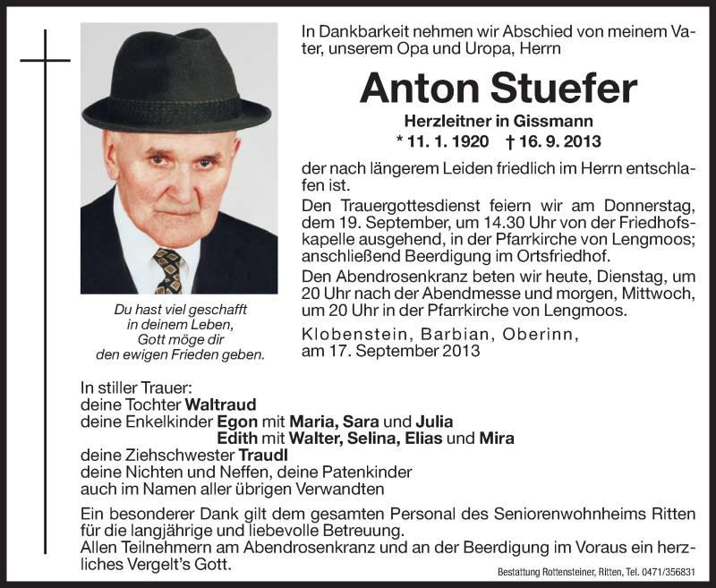  Traueranzeige für Anton Stuefer vom 17.09.2013 aus Dolomiten