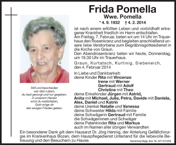 Traueranzeige von Frida Pomella von Dolomiten