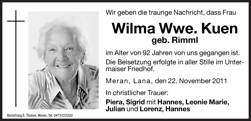  Traueranzeige für Wilma Kuen vom 02.12.2011 aus Dolomiten