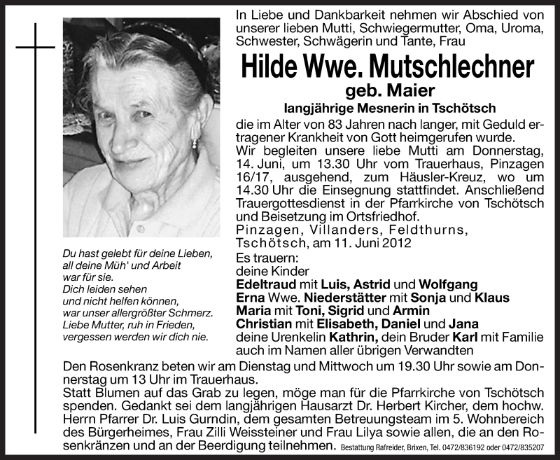  Traueranzeige für Hilde Mutschlechner vom 12.06.2012 aus Dolomiten