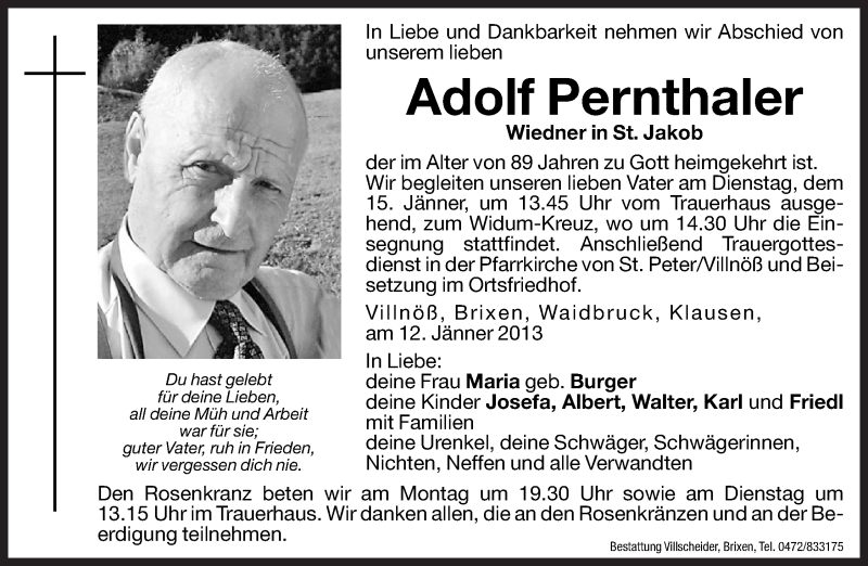  Traueranzeige für Adolf Pernthaler vom 14.01.2013 aus Dolomiten