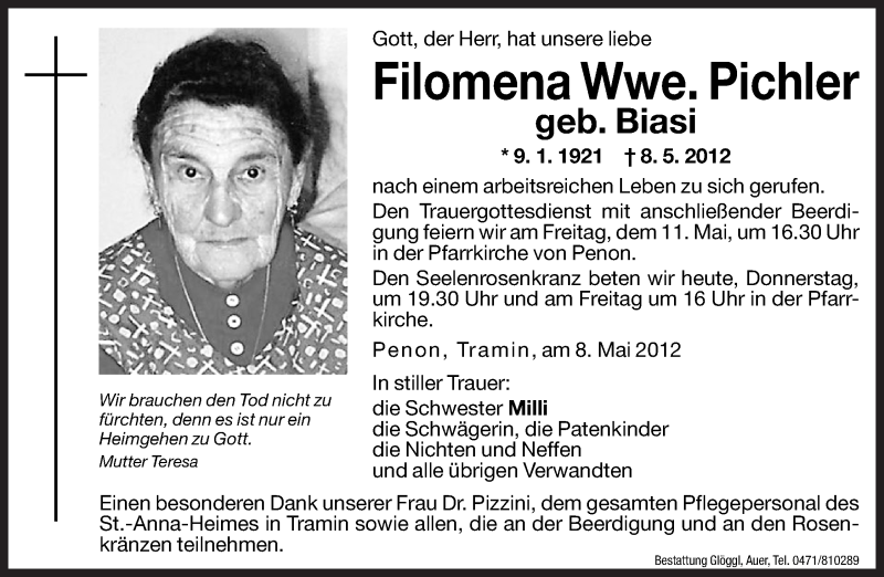  Traueranzeige für Filomena Pichler vom 10.05.2012 aus Dolomiten