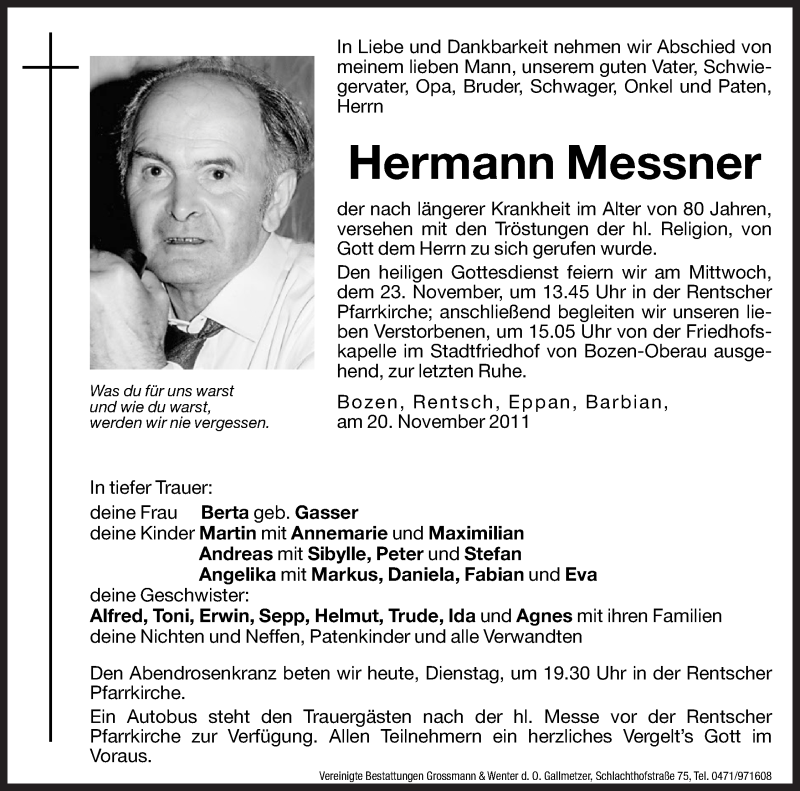  Traueranzeige für Hermann Messner vom 22.11.2011 aus Dolomiten