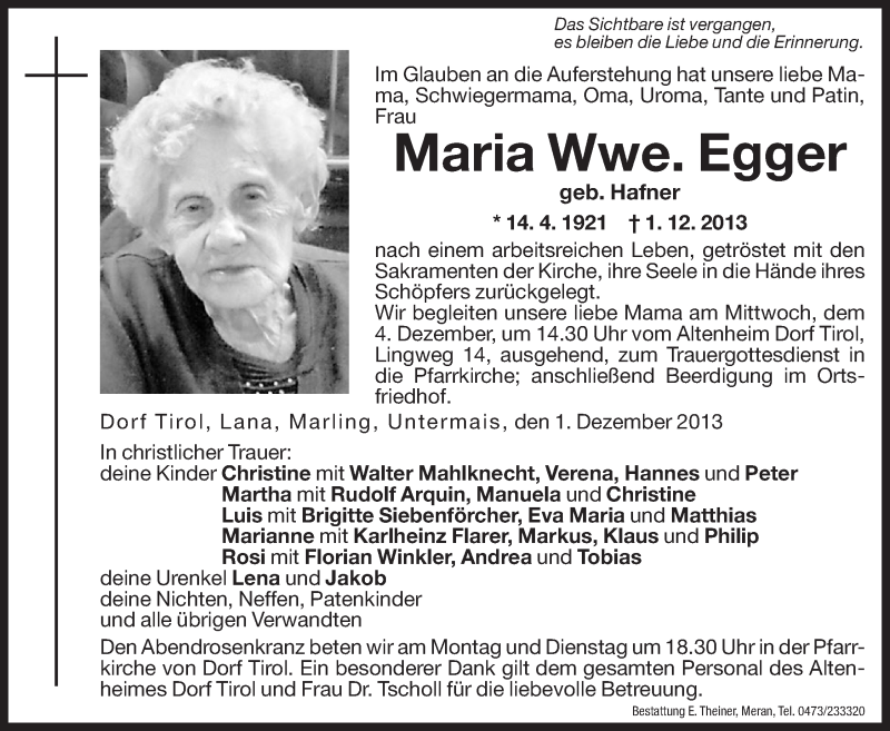  Traueranzeige für Maria Egger vom 02.12.2013 aus Dolomiten