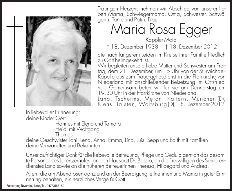  Traueranzeige für Maria Rosa Egger vom 20.12.2012 aus Dolomiten