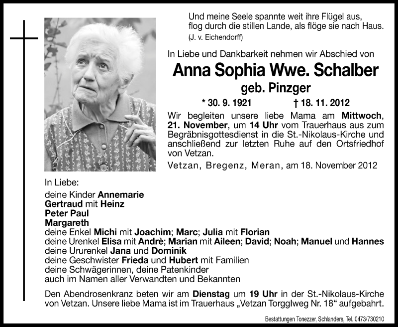  Traueranzeige für Anna Sophia Schalber vom 20.11.2012 aus Dolomiten