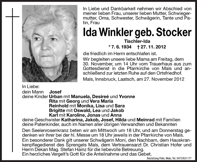  Traueranzeige für Ida Winkler vom 28.11.2012 aus Dolomiten