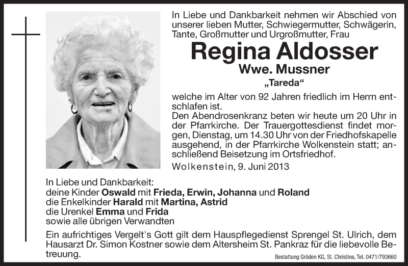  Traueranzeige für Regina Mussner vom 10.06.2013 aus Dolomiten