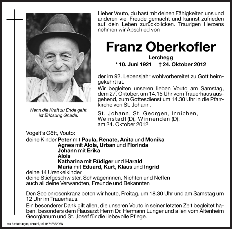  Traueranzeige für Franz Oberkofler vom 26.10.2012 aus Dolomiten