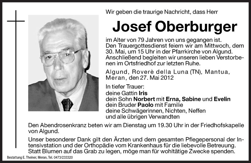  Traueranzeige für Josef Oberburger vom 29.05.2012 aus Dolomiten